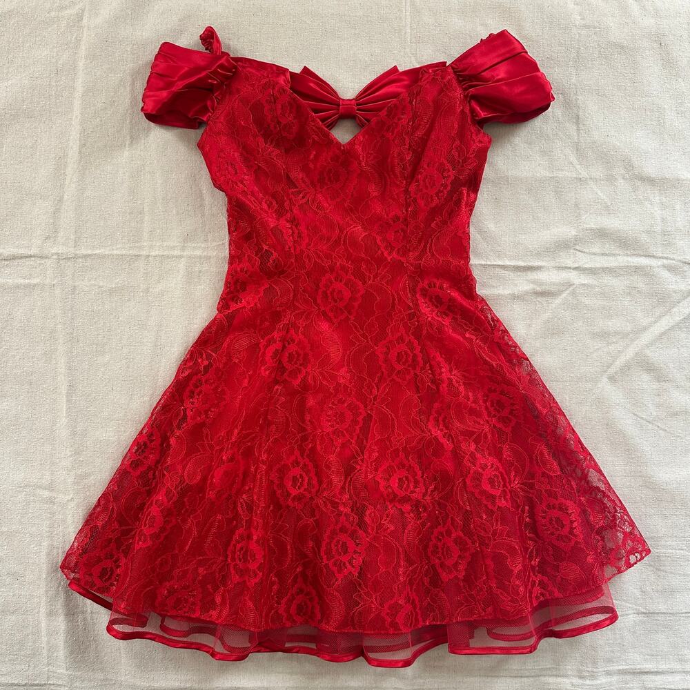 Vintage Zum Zum Prom Dress Lace Off Shoulder 90s Red Size 3/4 Poly